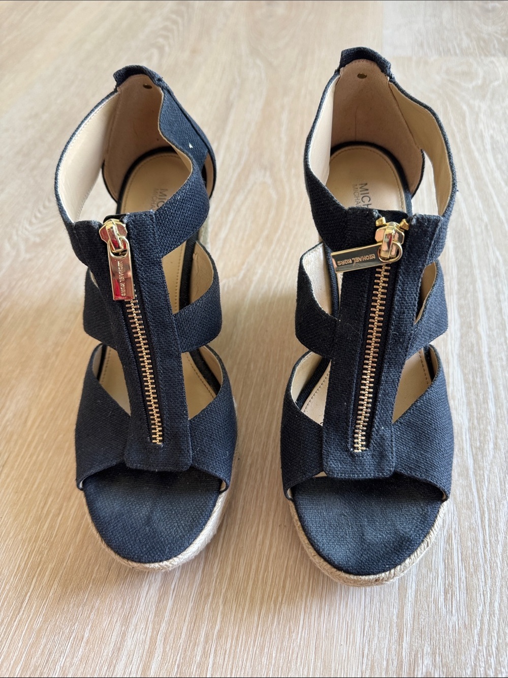 MICHAEL Michael Kors Black Espadrille Wedge Sandals with Gold Zip